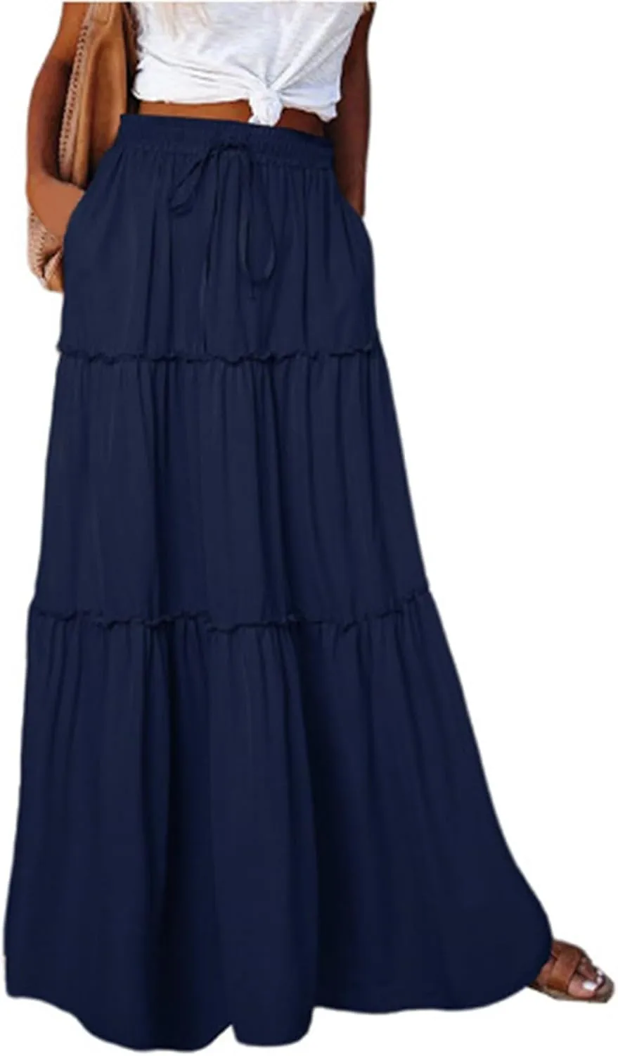 Pleated Skirts for Women Trendy Flowy Maxi Skirts Drawstring Elastic High Waisted Skirts Casual Tiered Ruffle Skirt
