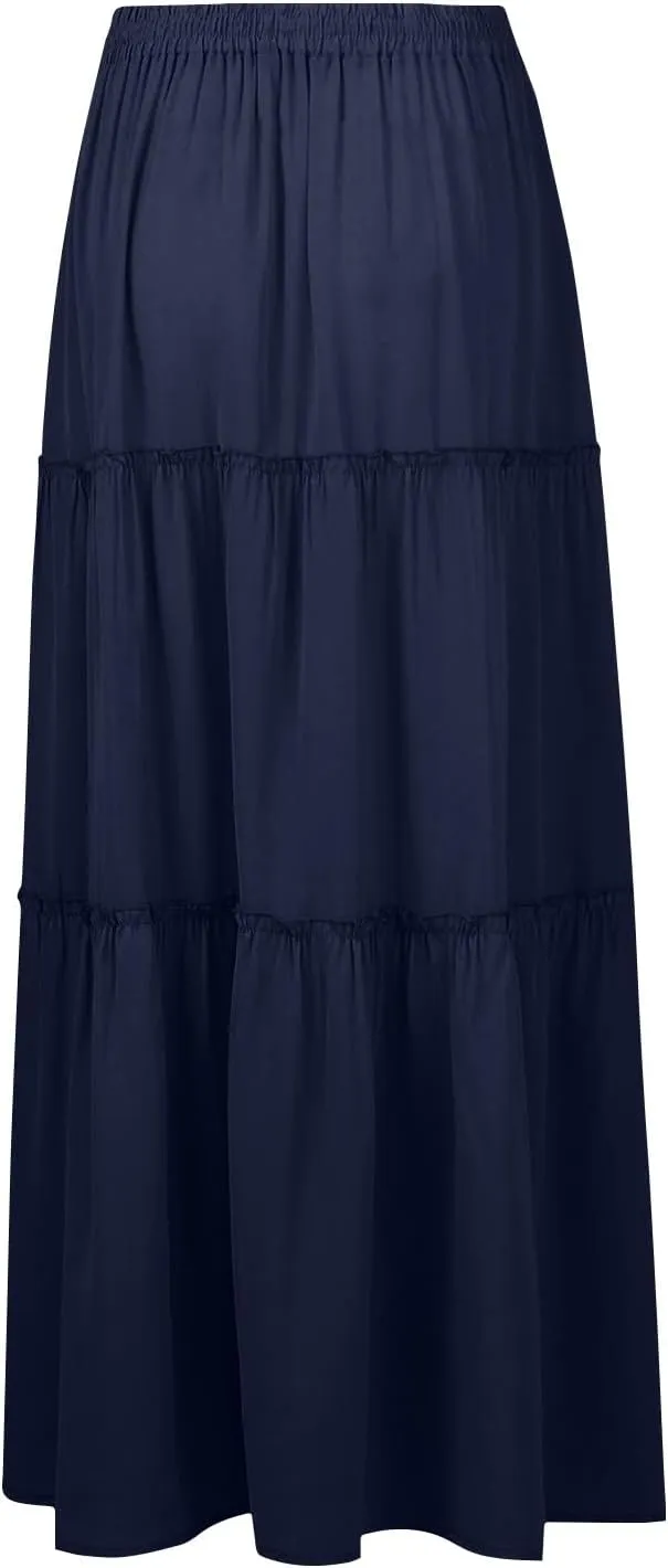 Pleated Skirts for Women Trendy Flowy Maxi Skirts Drawstring Elastic High Waisted Skirts Casual Tiered Ruffle Skirt