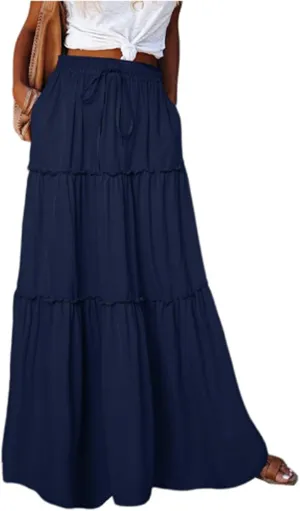 Pleated Skirts for Women Trendy Flowy Maxi Skirts Drawstring Elastic High Waisted Skirts Casual Tiered Ruffle Skirt