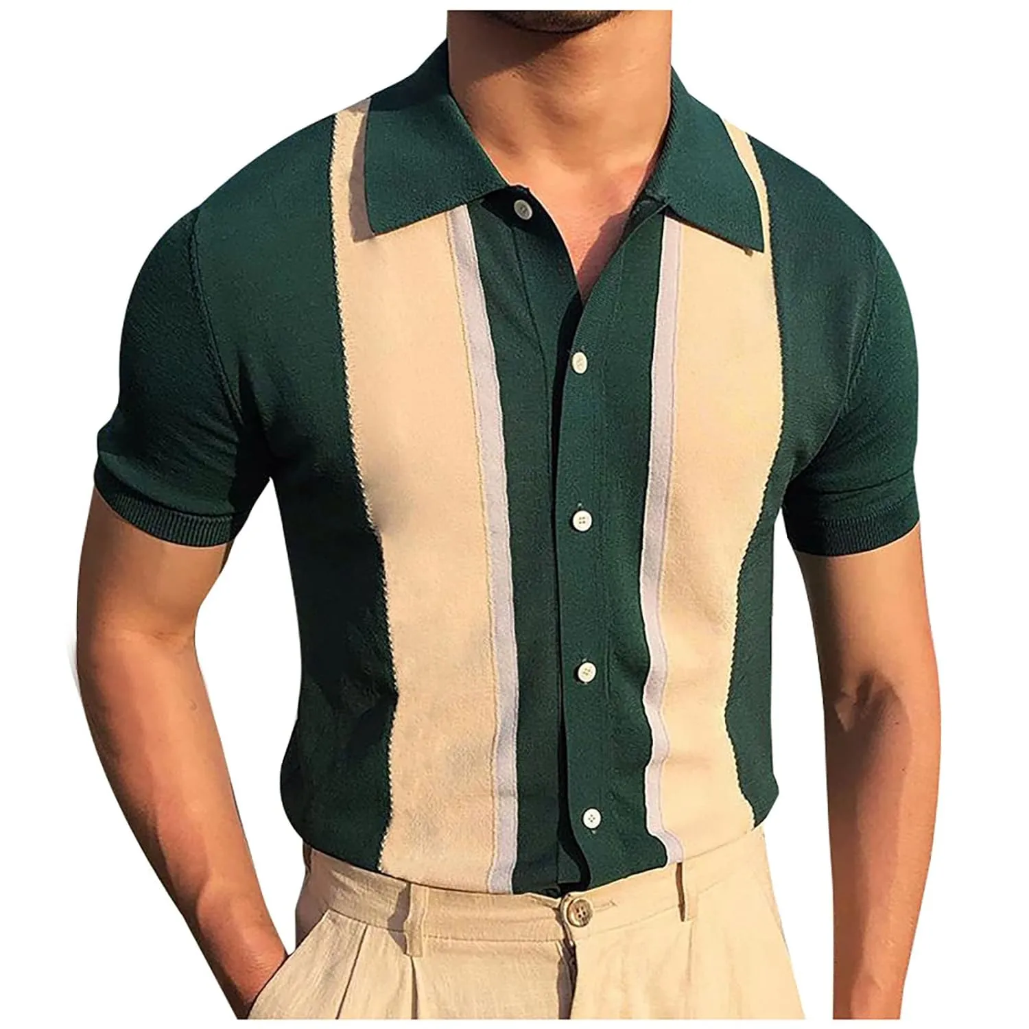 Polo Shirts for Men,Men's Vintage Stripe Knit Polo Shirts Short Sleeve Stylish Button Down Cardigan Sweater