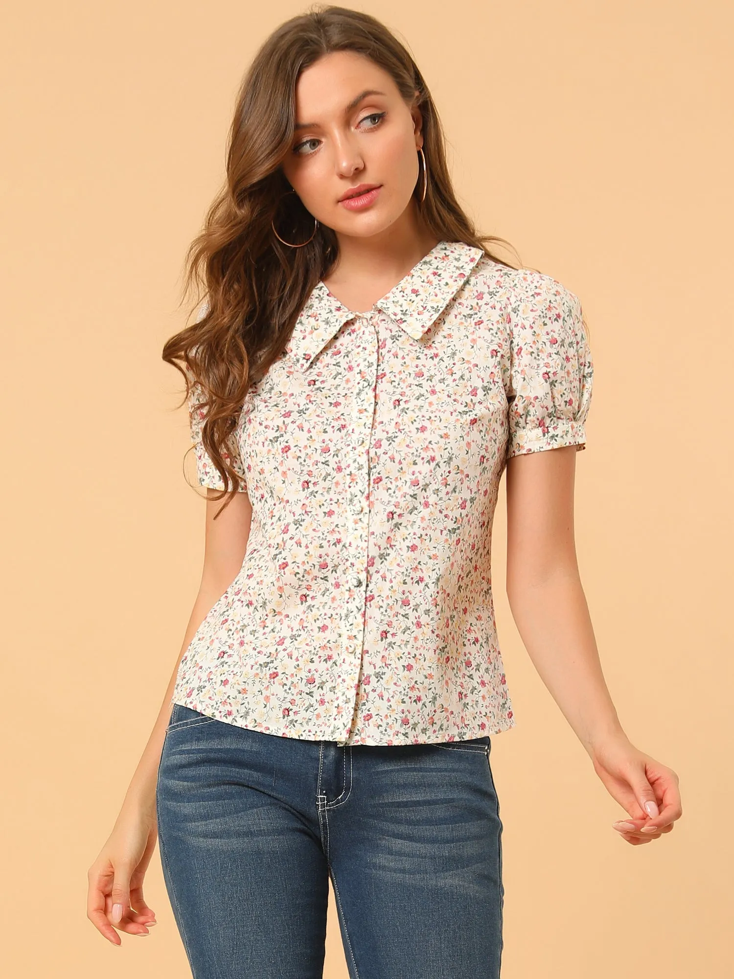 Puff Sleeve Shirt Point Collar Top Button Down Floral Blouse