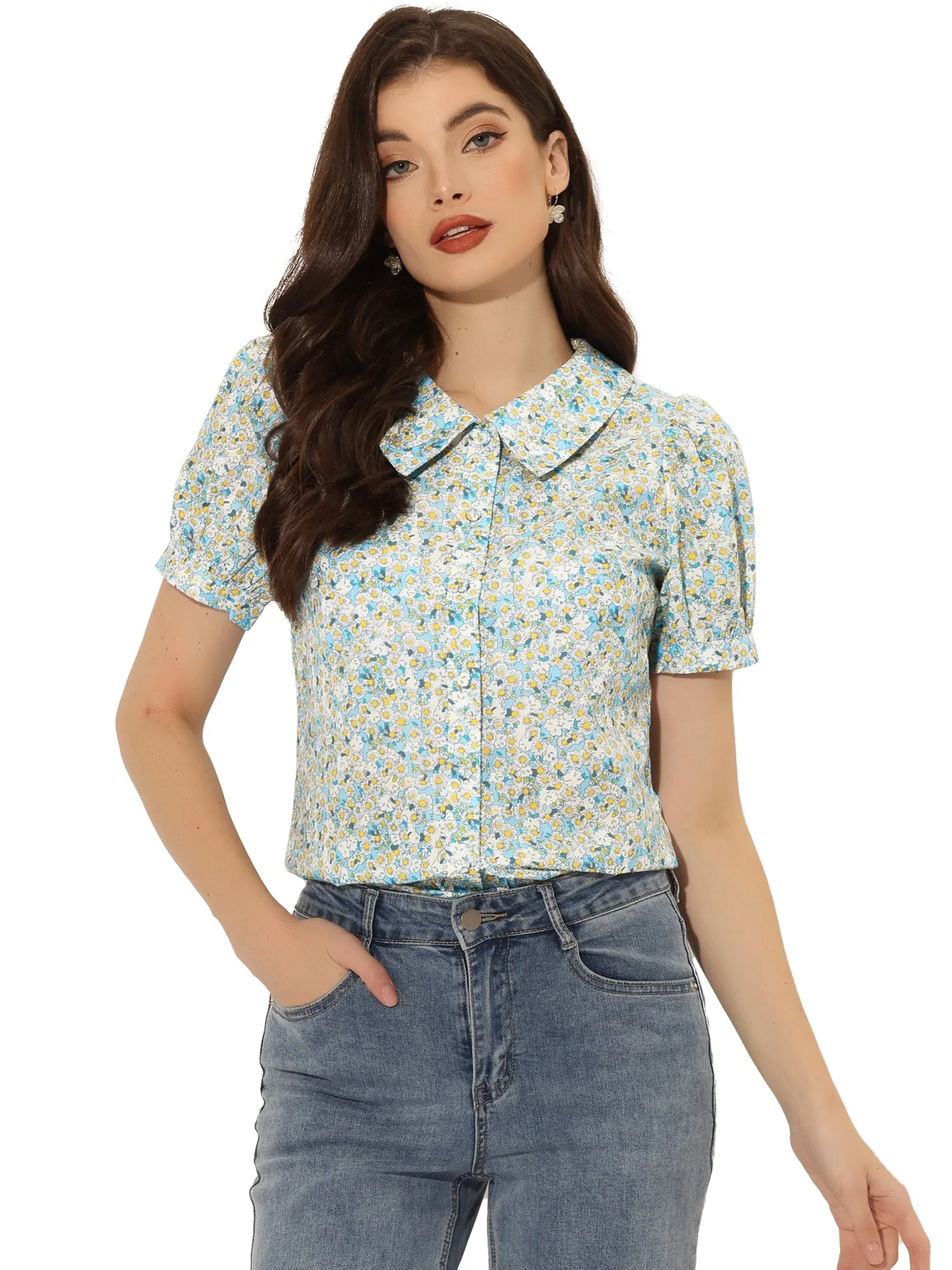 Puff Sleeve Shirt Point Collar Top Button Down Floral Blouse