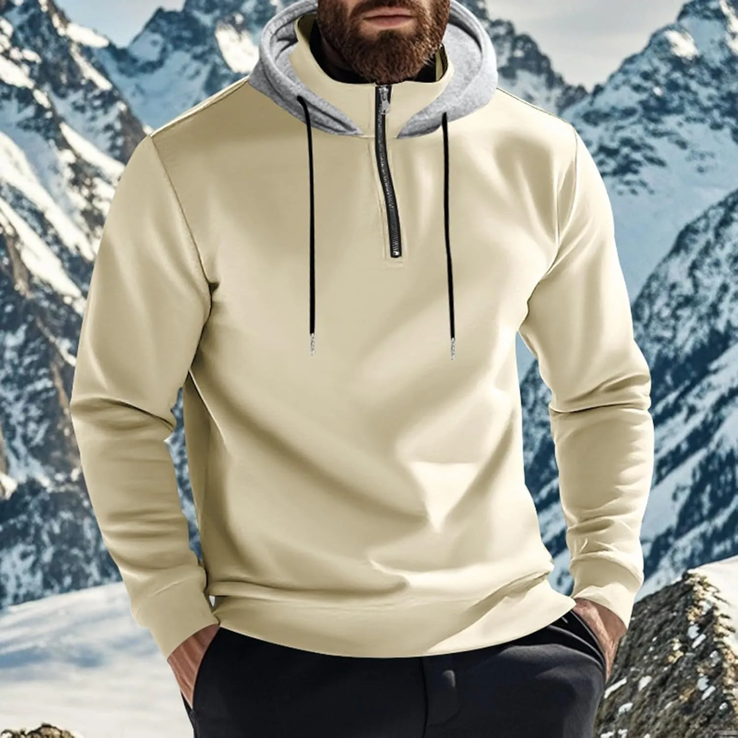 Quarter Zip Pullover Men Fleece Winter Hoodies Drawstring Fall Sweatshirts Long Sleeve Thermal Hoodies