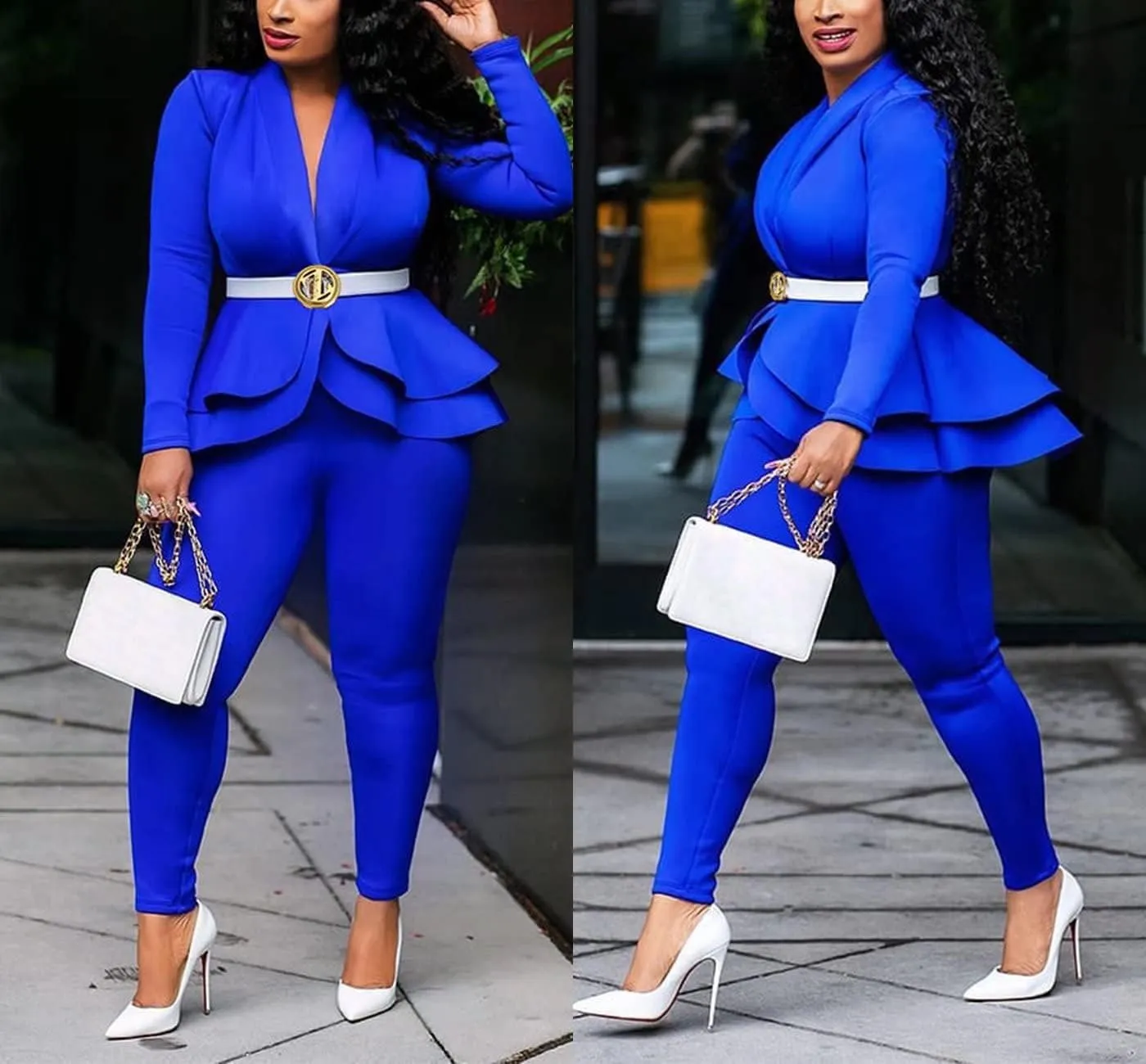 Remelon Women's Suit Sets 2 Piece Sets Sexy V Neck Business Casual Blazer Suit Pants Sets