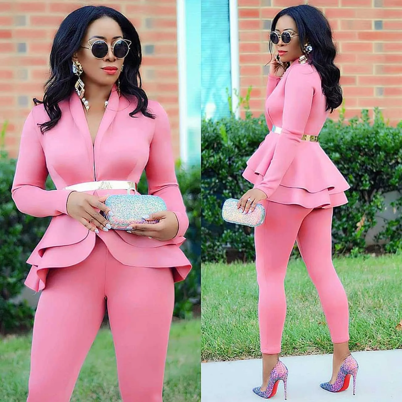 Remelon Women's Suit Sets 2 Piece Sets Sexy V Neck Business Casual Blazer Suit Pants Sets