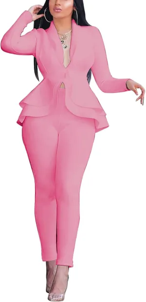 Remelon Women's Suit Sets 2 Piece Sets Sexy V Neck Business Casual Blazer Suit Pants Sets