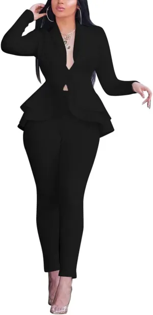 Remelon Women's Suit Sets 2 Piece Sets Sexy V Neck Business Casual Blazer Suit Pants Sets