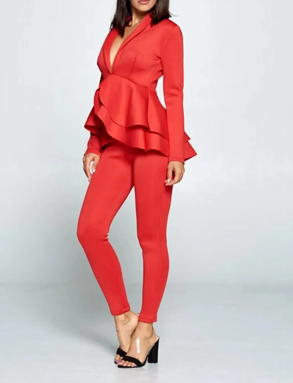 Remelon Women's Suit Sets 2 Piece Sets Sexy V Neck Business Casual Blazer Suit Pants Sets