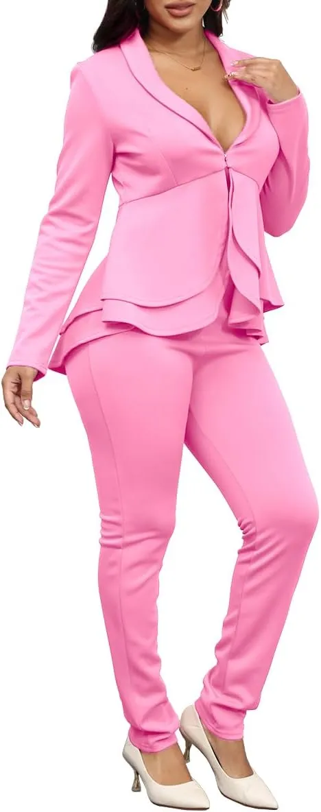Remelon Women's Suit Sets 2 Piece Sets Sexy V Neck Business Casual Blazer Suit Pants Sets