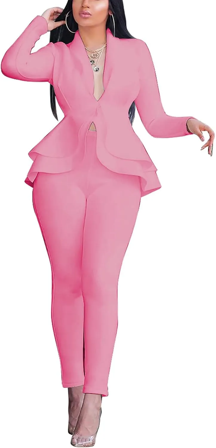 Remelon Women's Suit Sets 2 Piece Sets Sexy V Neck Business Casual Blazer Suit Pants Sets
