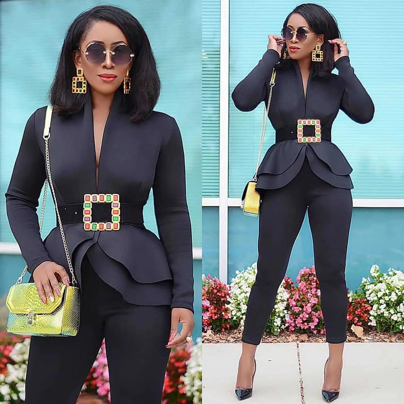 Remelon Women's Suit Sets 2 Piece Sets Sexy V Neck Business Casual Blazer Suit Pants Sets