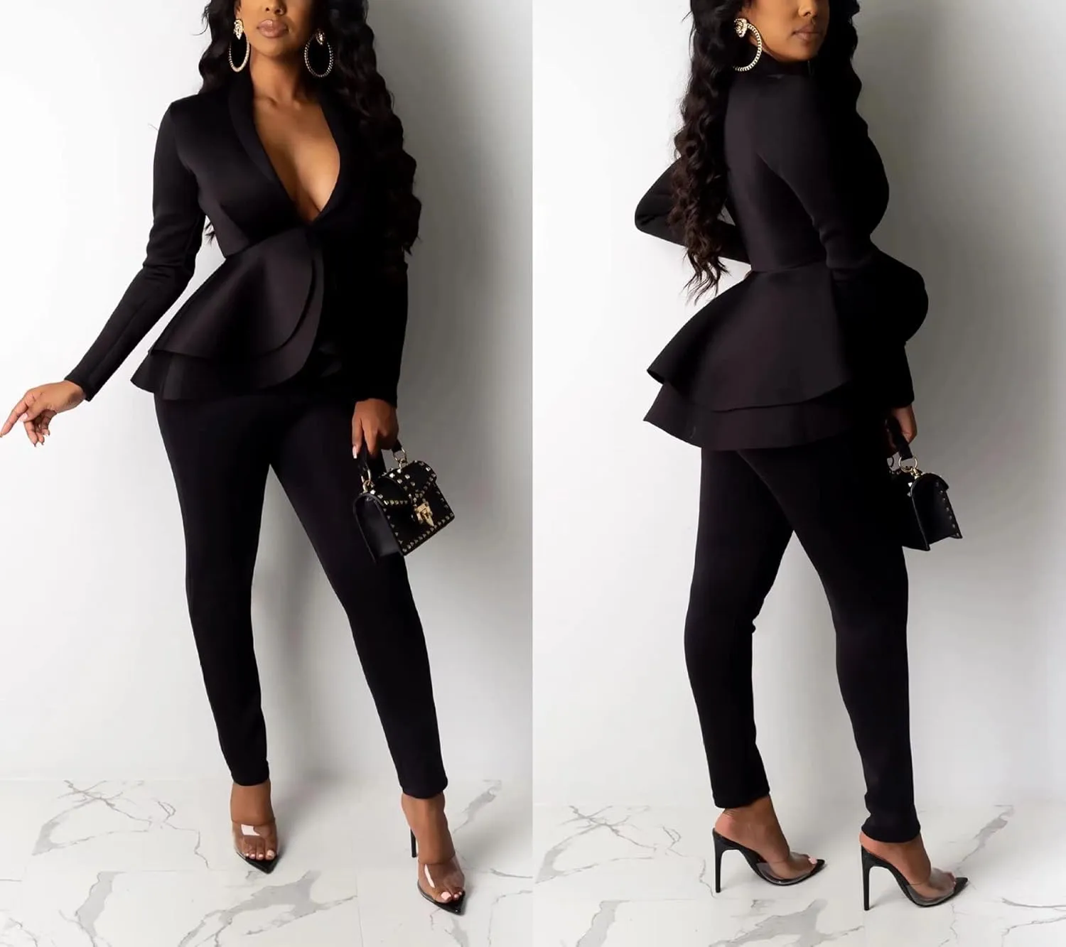 Remelon Women's Suit Sets 2 Piece Sets Sexy V Neck Business Casual Blazer Suit Pants Sets