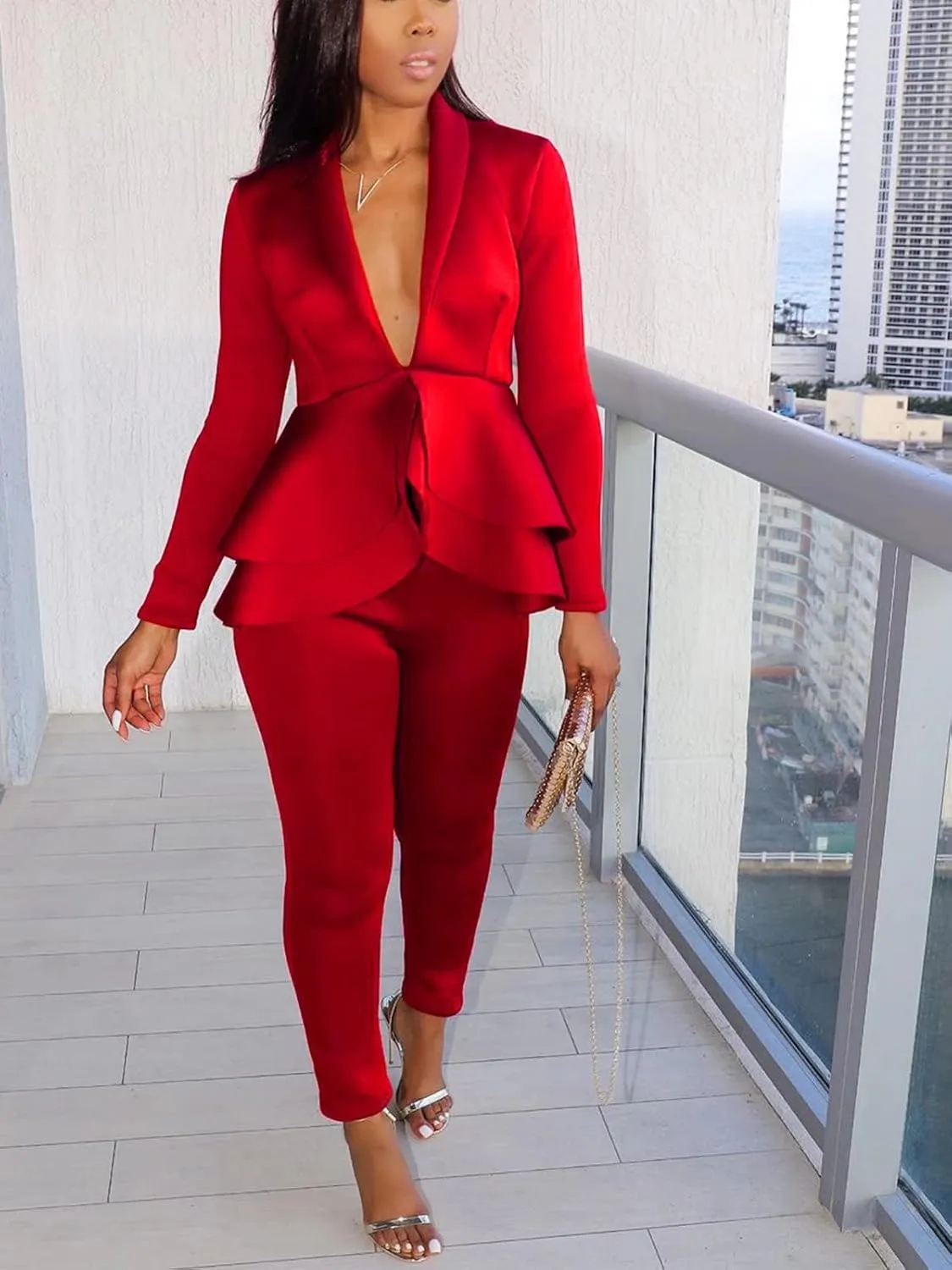 Remelon Women's Suit Sets 2 Piece Sets Sexy V Neck Business Casual Blazer Suit Pants Sets