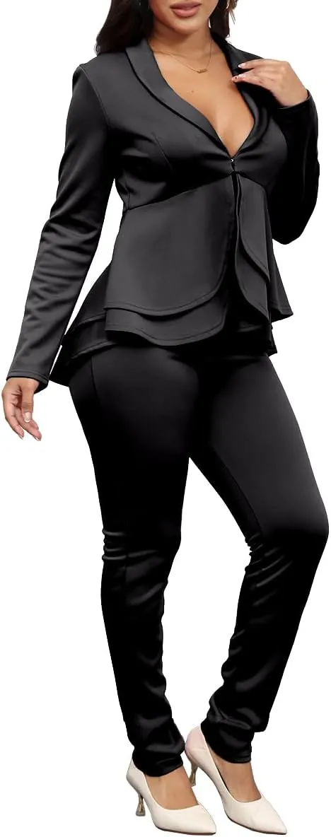 Remelon Women's Suit Sets 2 Piece Sets Sexy V Neck Business Casual Blazer Suit Pants Sets
