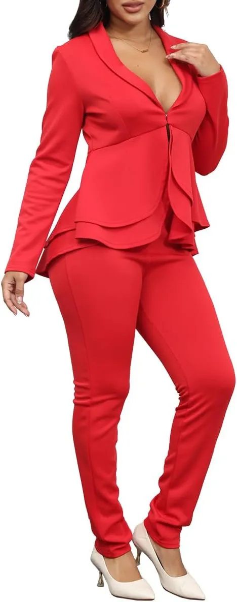 Remelon Women's Suit Sets 2 Piece Sets Sexy V Neck Business Casual Blazer Suit Pants Sets