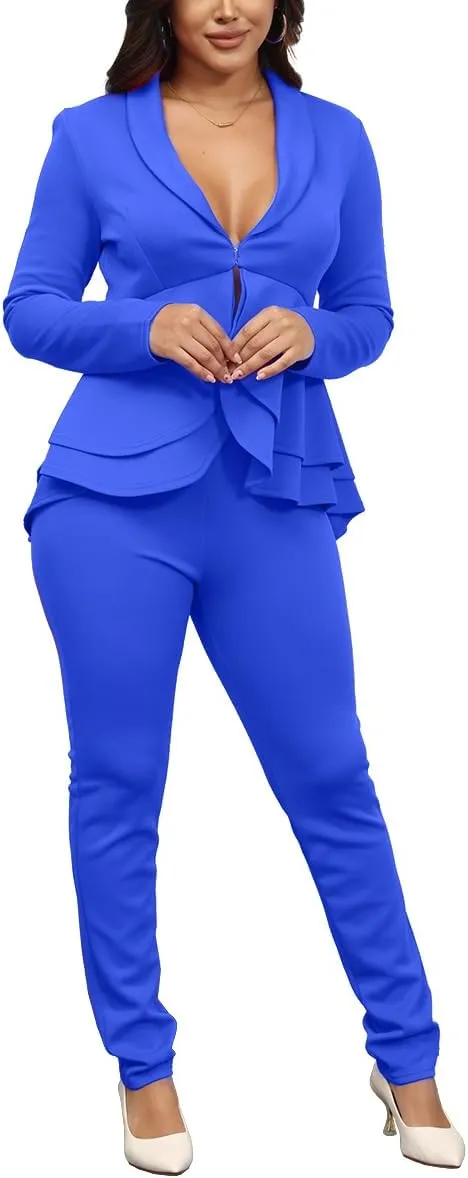 Remelon Women's Suit Sets 2 Piece Sets Sexy V Neck Business Casual Blazer Suit Pants Sets