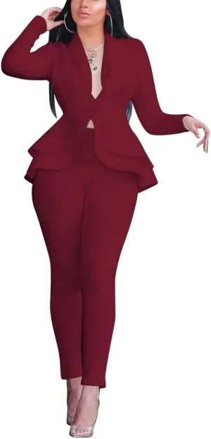 Remelon Women's Suit Sets 2 Piece Sets Sexy V Neck Business Casual Blazer Suit Pants Sets
