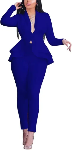 Remelon Women's Suit Sets 2 Piece Sets Sexy V Neck Business Casual Blazer Suit Pants Sets