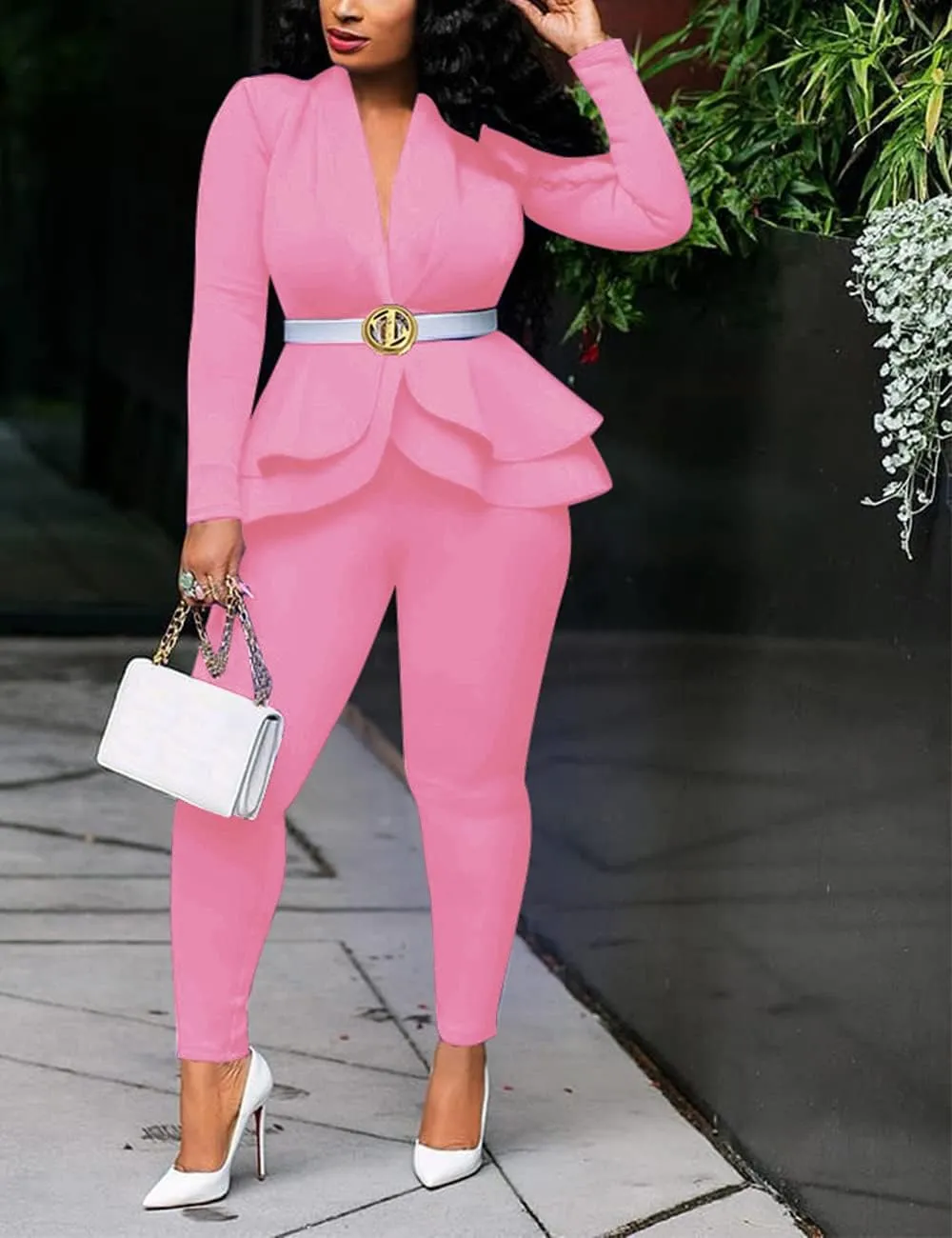 Remelon Women's Suit Sets 2 Piece Sets Sexy V Neck Business Casual Blazer Suit Pants Sets
