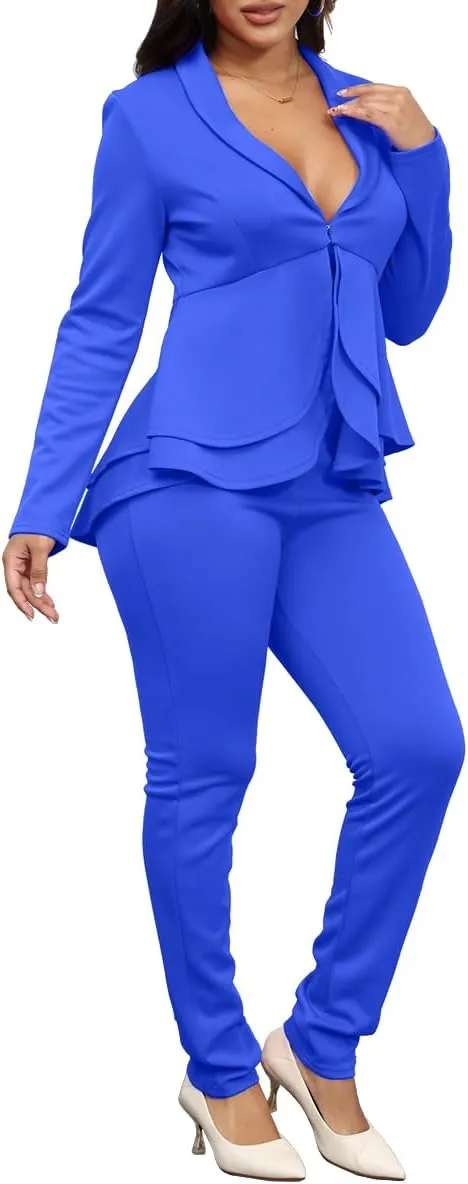 Remelon Women's Suit Sets 2 Piece Sets Sexy V Neck Business Casual Blazer Suit Pants Sets