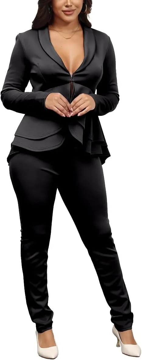 Remelon Women's Suit Sets 2 Piece Sets Sexy V Neck Business Casual Blazer Suit Pants Sets