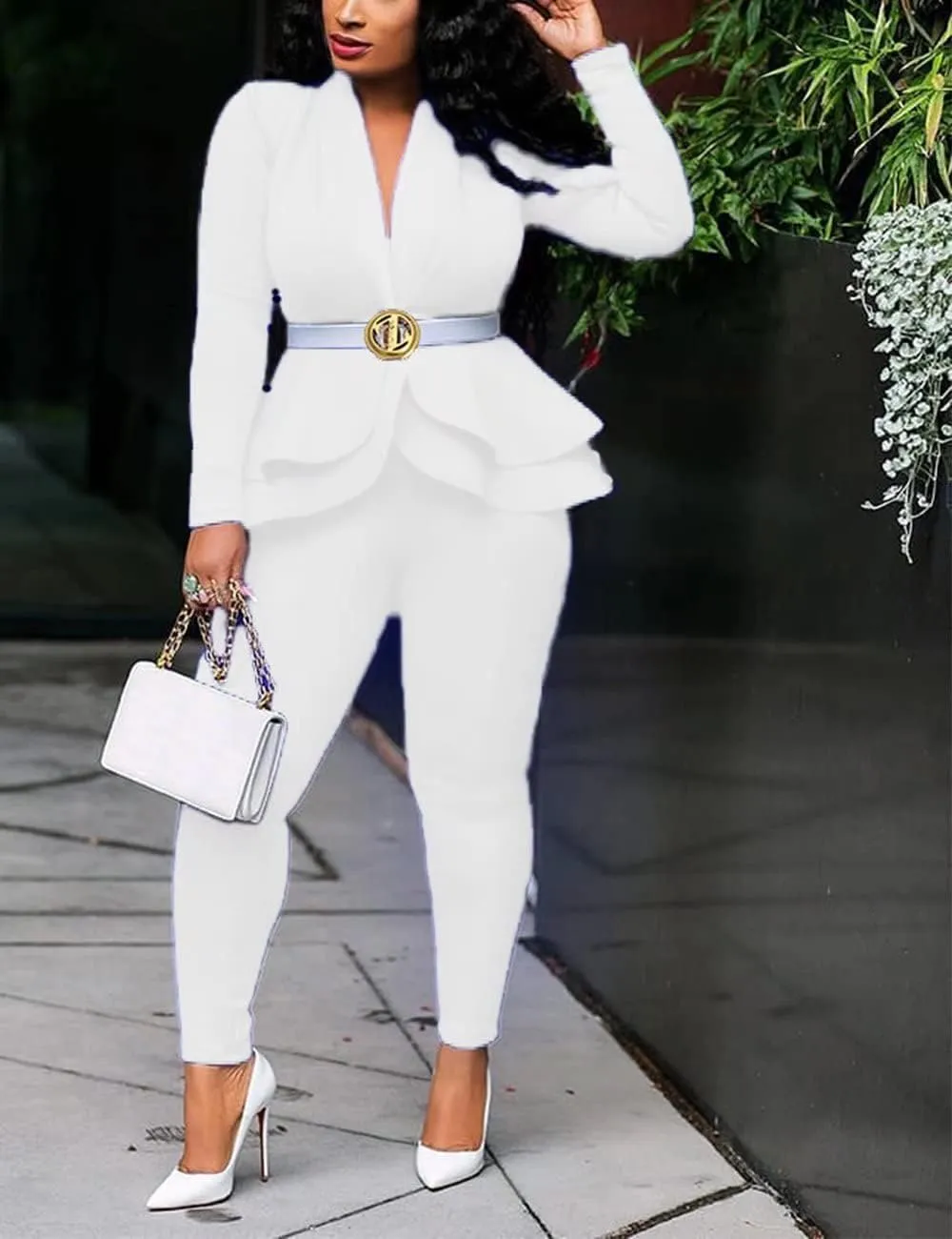 Remelon Women's Suit Sets 2 Piece Sets Sexy V Neck Business Casual Blazer Suit Pants Sets