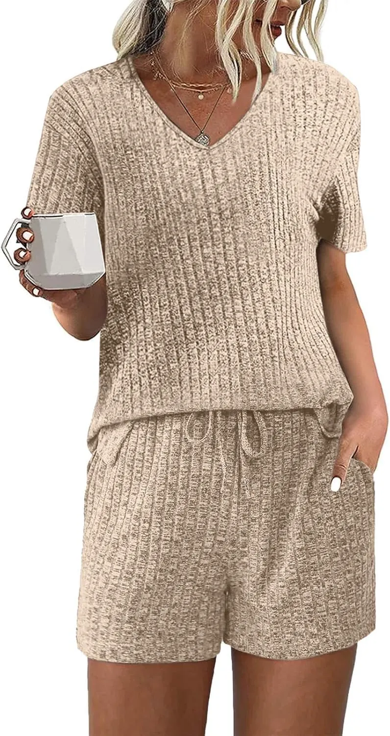 Ribbed Knit Lounge Sets for Women Summer 2 Piece Outfits Short Sleeve Top and Shorts Pajama Set Sweatsuit With Pocket