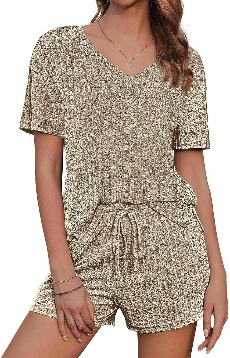 Ribbed Knit Lounge Sets for Women Summer 2 Piece Outfits Short Sleeve Top and Shorts Pajama Set Sweatsuit With Pocket