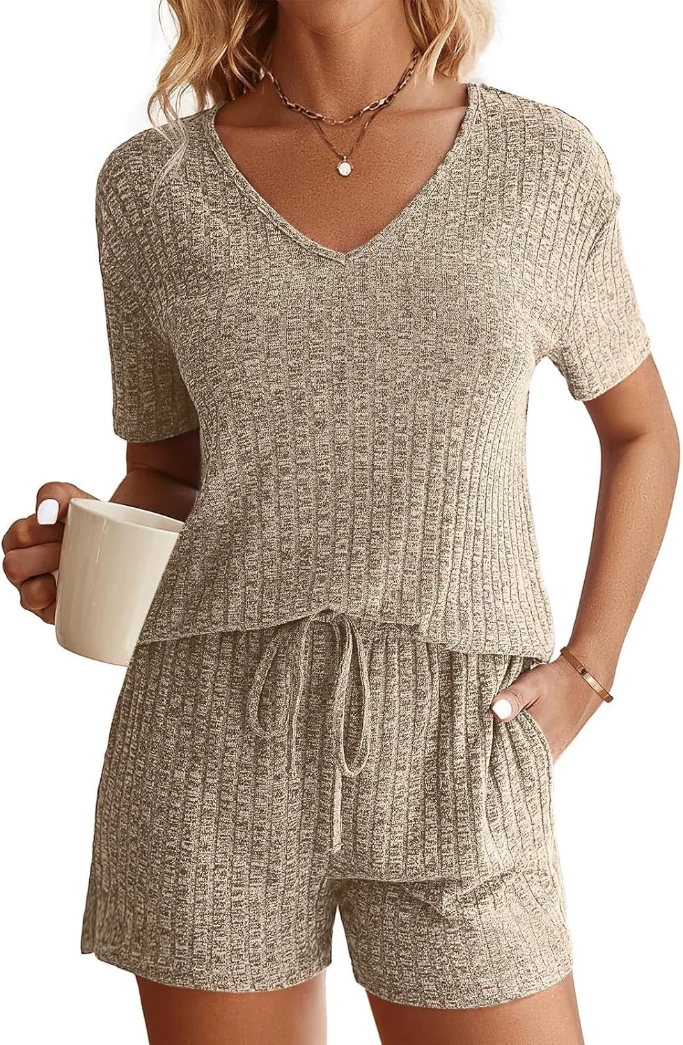 Ribbed Knit Lounge Sets for Women Summer 2 Piece Outfits Short Sleeve Top and Shorts Pajama Set Sweatsuit With Pocket