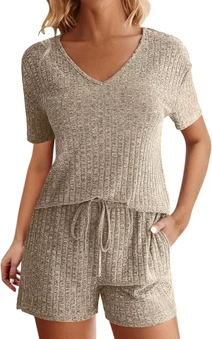 Ribbed Knit Lounge Sets for Women Summer 2 Piece Outfits Short Sleeve Top and Shorts Pajama Set Sweatsuit With Pocket