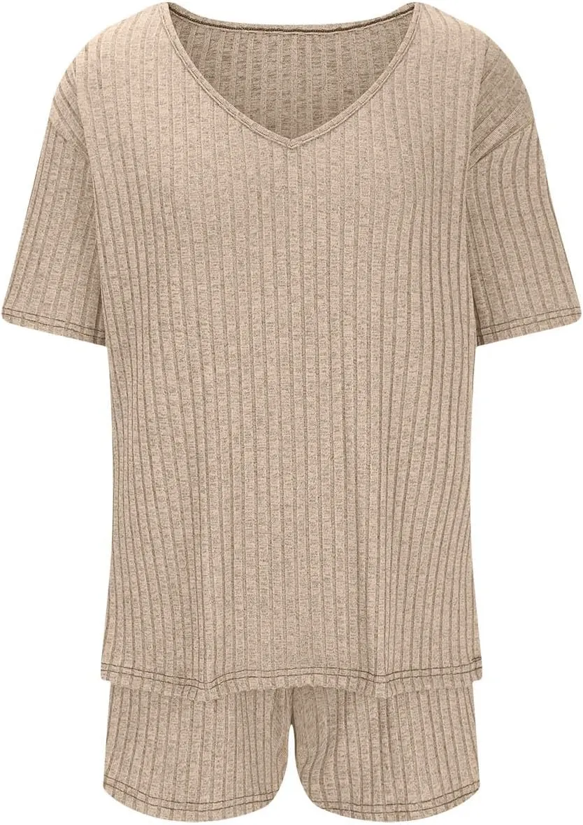 Ribbed Knit Lounge Sets for Women Summer 2 Piece Outfits Short Sleeve Top and Shorts Pajama Set Sweatsuit With Pocket