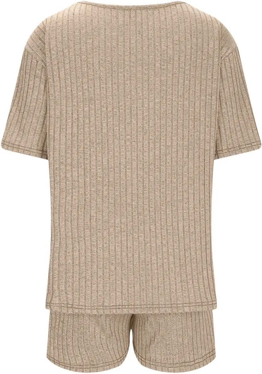 Ribbed Knit Lounge Sets for Women Summer 2 Piece Outfits Short Sleeve Top and Shorts Pajama Set Sweatsuit With Pocket