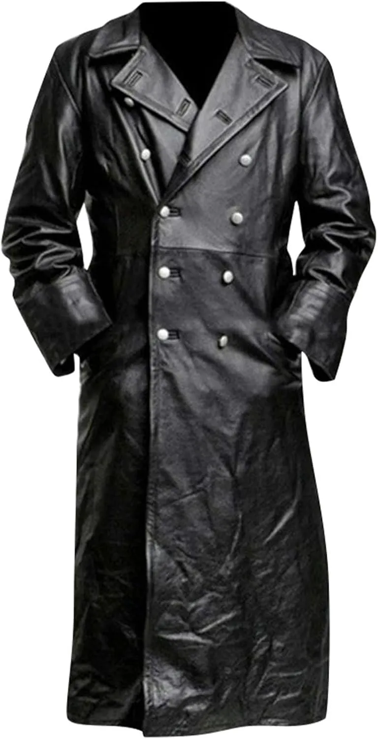 RTRDE Mens Winter Trench Coat Faux Leather Full Length Black Classic Long Peacoat Overcoat Fashion, M-4XL