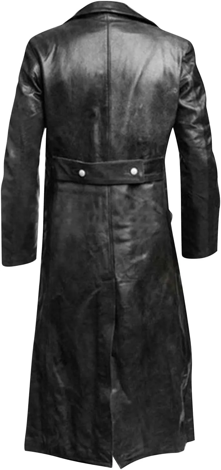 RTRDE Mens Winter Trench Coat Faux Leather Full Length Black Classic Long Peacoat Overcoat Fashion, M-4XL
