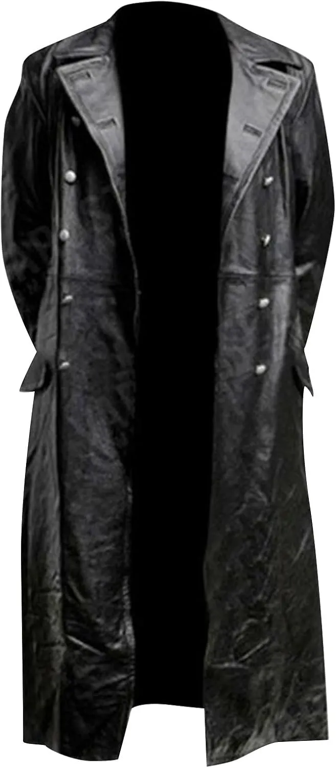 RTRDE Mens Winter Trench Coat Faux Leather Full Length Black Classic Long Peacoat Overcoat Fashion, M-4XL