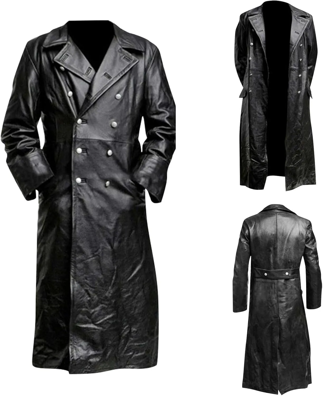 RTRDE Mens Winter Trench Coat Faux Leather Full Length Black Classic Long Peacoat Overcoat Fashion, M-4XL