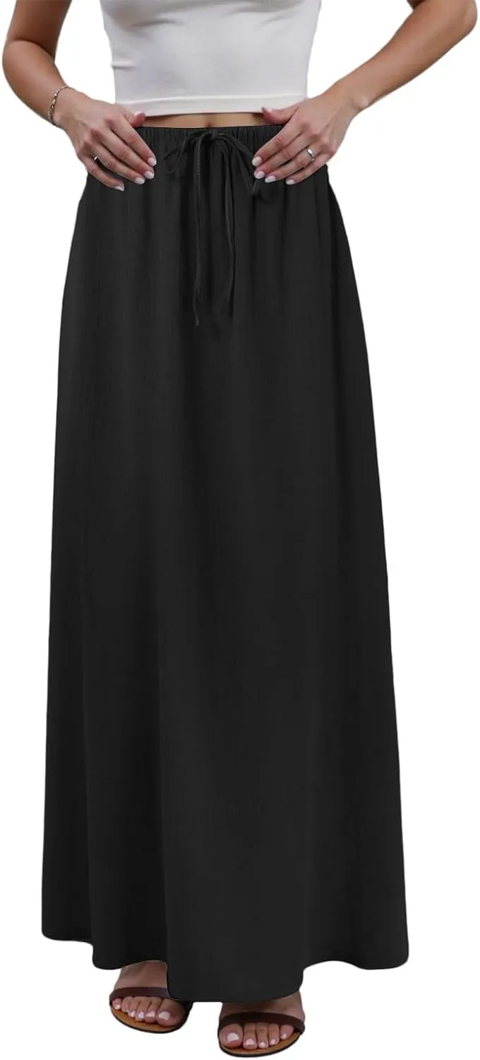 Rvidbe Long Flowy Skirts for Women Summer Fashion Solid Color Drawstring Linen Skirts Casual Sexy Low Waist Boho Beach Skirts