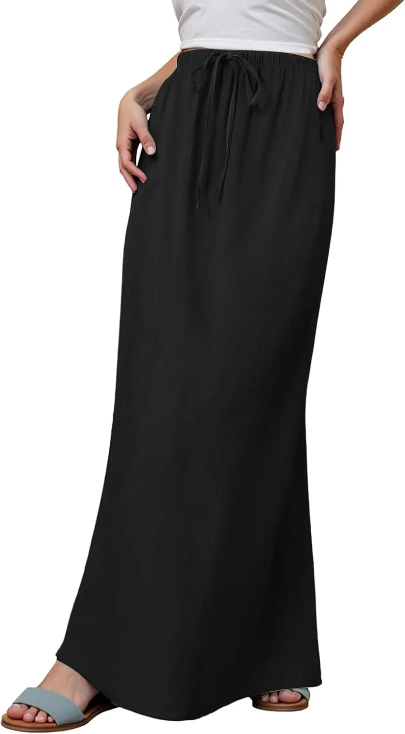 Rvidbe Long Flowy Skirts for Women Summer Fashion Solid Color Drawstring Linen Skirts Casual Sexy Low Waist Boho Beach Skirts