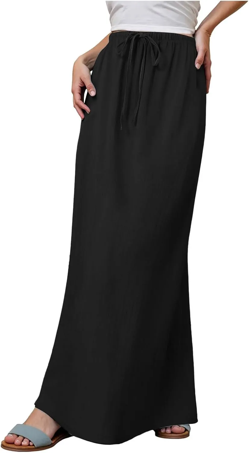 Rvidbe Long Flowy Skirts for Women Summer Fashion Solid Color Drawstring Linen Skirts Casual Sexy Low Waist Boho Beach Skirts