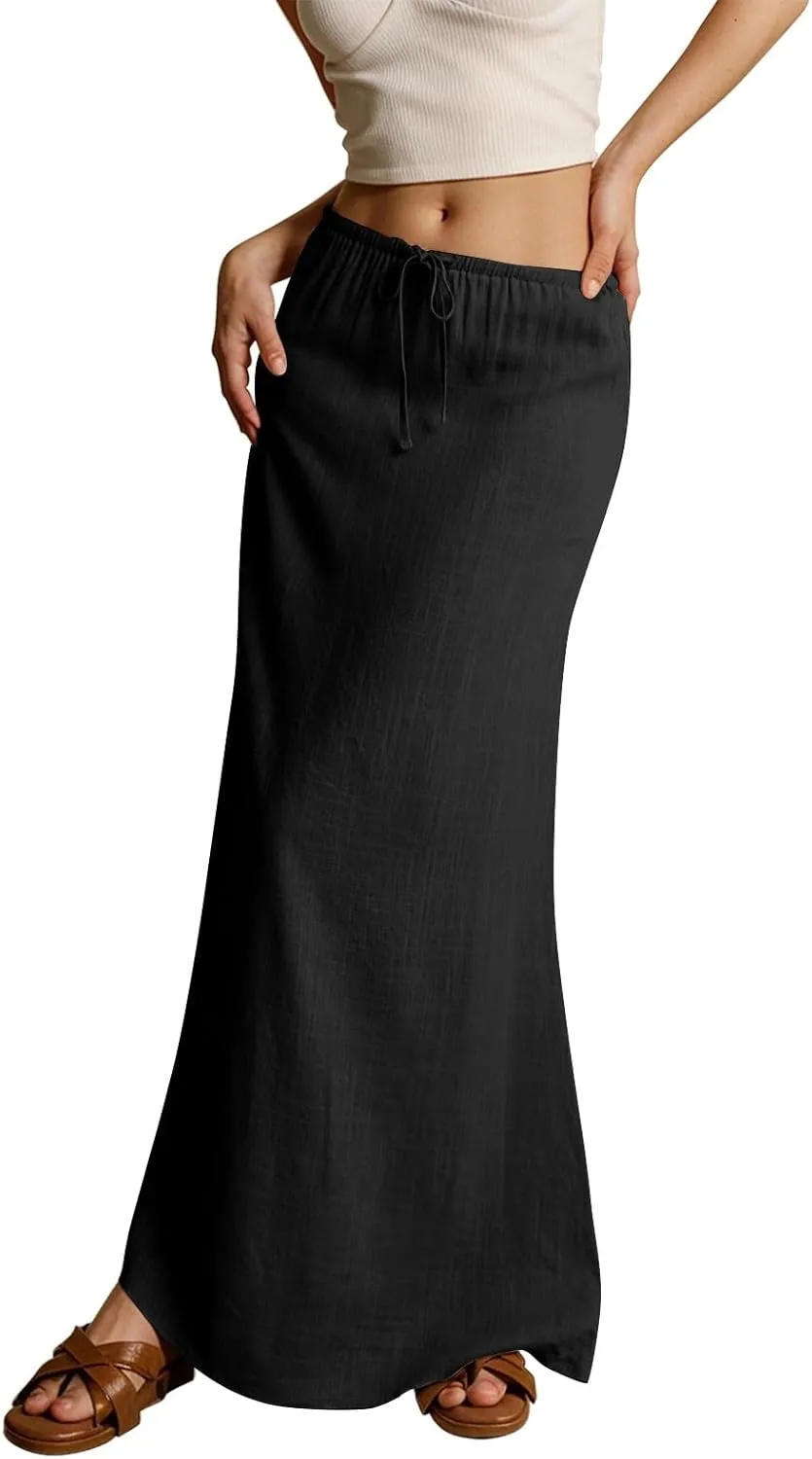 Rvidbe Long Flowy Skirts for Women Summer Fashion Solid Color Drawstring Linen Skirts Casual Sexy Low Waist Boho Beach Skirts