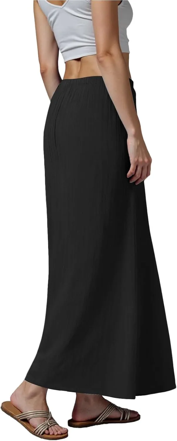 Rvidbe Long Flowy Skirts for Women Summer Fashion Solid Color Drawstring Linen Skirts Casual Sexy Low Waist Boho Beach Skirts