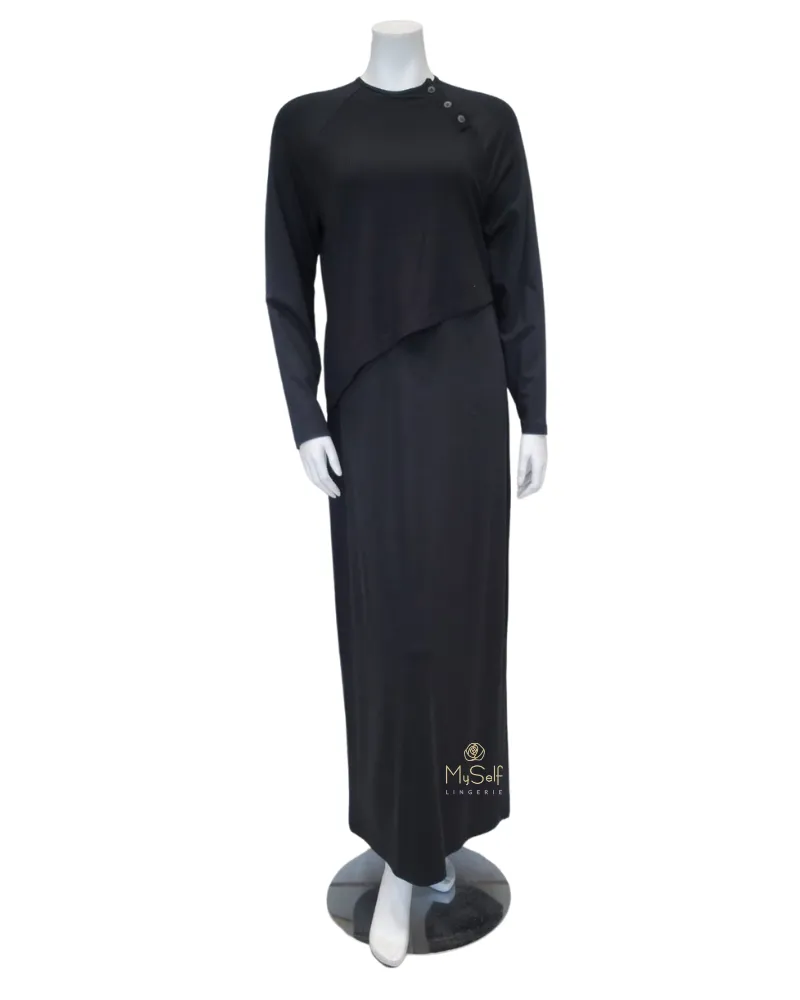 S6267 Black Ribbed Overlay Modal Nursing Nightgown