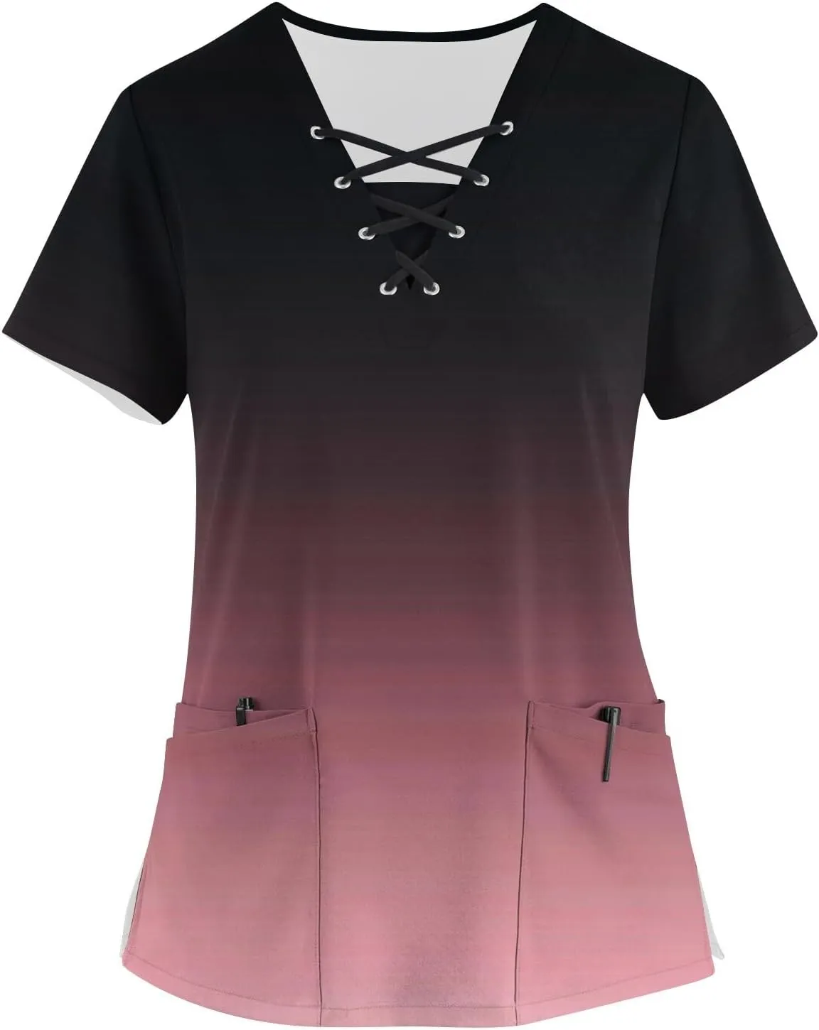 Scrubs for Women Print Criss Cross V Neck Working T-Shirts Short Sleeve T Shirts Trendy Scrubs Tops with 4 Pockets