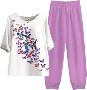 sdbrld Outfits for Women,Women Summer Outfits 2024 Trendy Two Piece Sets Butterflies Print Casual Plus Size Sets Lounge Sets