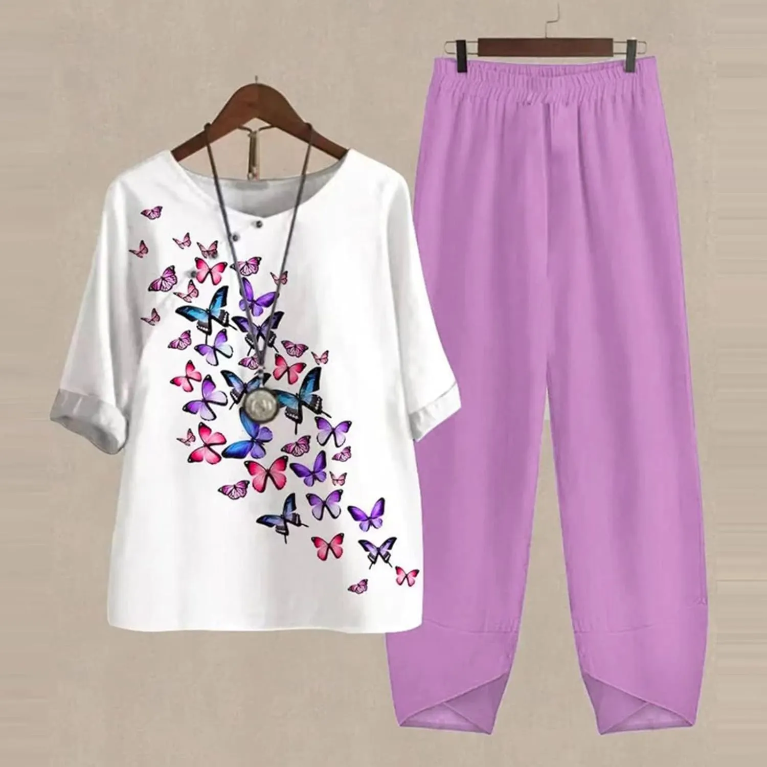 sdbrld Outfits for Women,Women Summer Outfits 2024 Trendy Two Piece Sets Butterflies Print Casual Plus Size Sets Lounge Sets