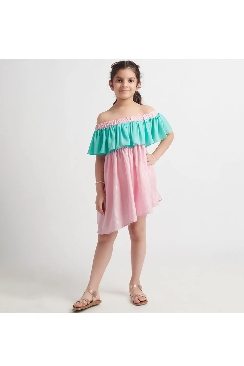 Sea Green And Pink Off Shoulder Cotton dress