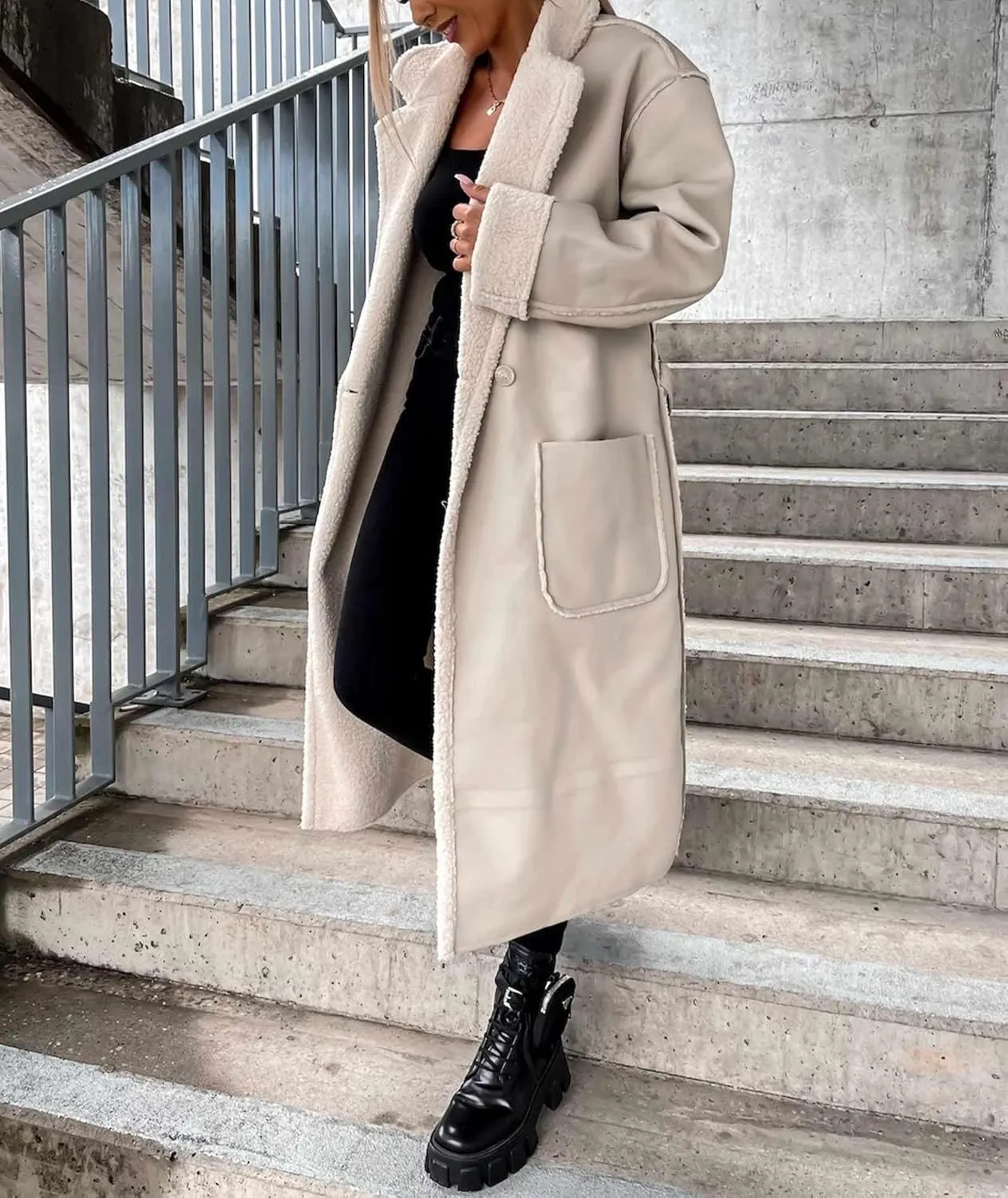 SEMATOMALA Women's Faux Leather Shearling Trench Coat Oversize Lapel Overcoat PU Leather Sherpa Lined Moto Jacket