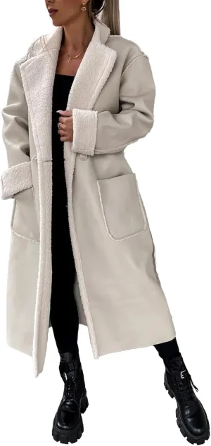 SEMATOMALA Women's Faux Leather Shearling Trench Coat Oversize Lapel Overcoat PU Leather Sherpa Lined Moto Jacket