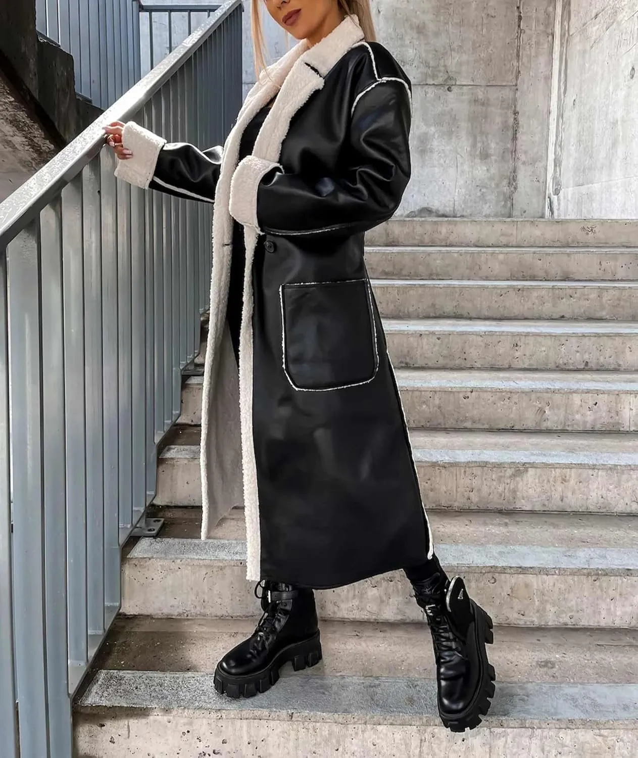 SEMATOMALA Women's Faux Leather Shearling Trench Coat Oversize Lapel Overcoat PU Leather Sherpa Lined Moto Jacket