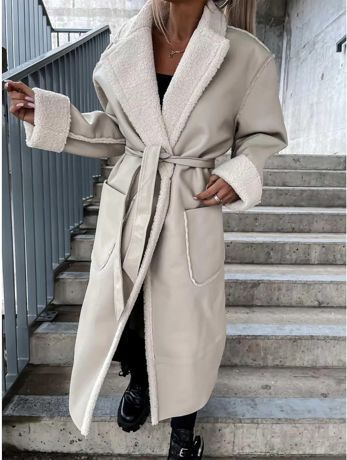 SEMATOMALA Women's Faux Leather Shearling Trench Coat Oversize Lapel Overcoat PU Leather Sherpa Lined Moto Jacket